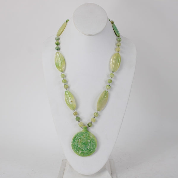 Green Opal Necklace Green Opal Carved Inca Sun God 25" Necklace
