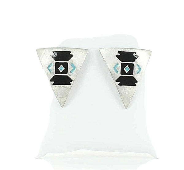American Indian Black Aqua Enamel Brushed Triangular Western Shield Earrings