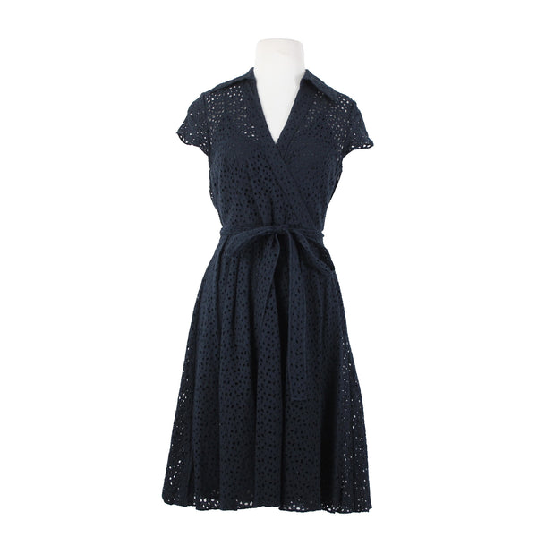 Chetta B Sz 6 Navy Blue Lined Belted Eyelet V Neck Collared 100% Cotton Dress