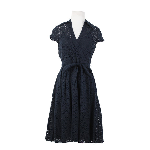 Chetta B Sz 6 Navy Blue Lined Belted Eyelet V Neck Collared 100% Cotton Dress