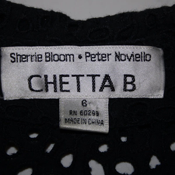 Chetta B Sz 6 Navy Blue Lined Belted Eyelet V Neck Collared 100% Cotton Dress