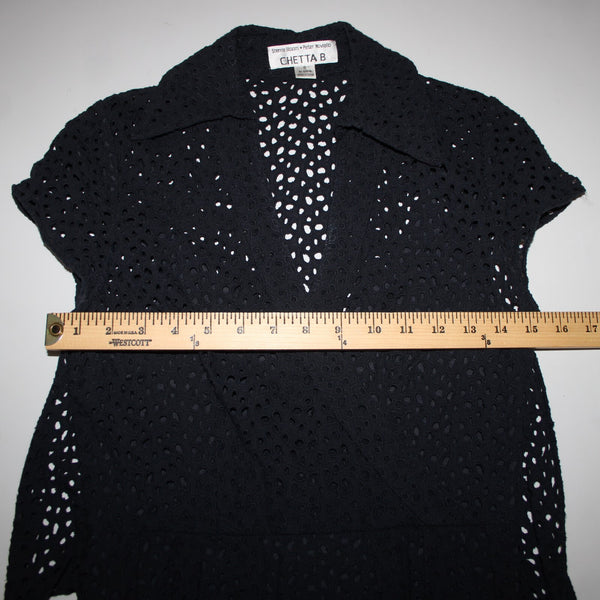 Chetta B Sz 6 Navy Blue Lined Belted Eyelet V Neck Collared 100% Cotton Dress