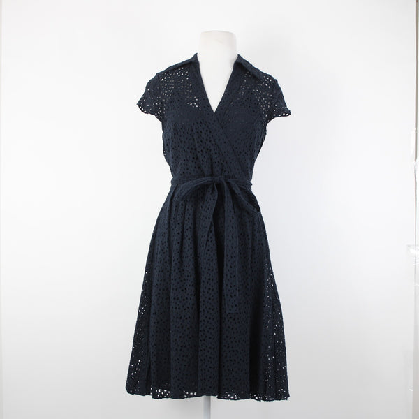 Chetta B Sz 6 Navy Blue Lined Belted Eyelet V Neck Collared 100% Cotton Dress