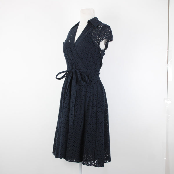 Chetta B Sz 6 Navy Blue Lined Belted Eyelet V Neck Collared 100% Cotton Dress
