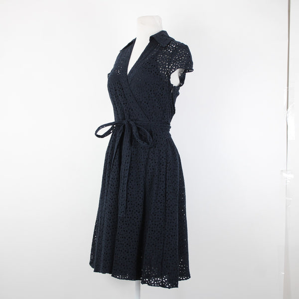 Chetta B Sz 6 Navy Blue Lined Belted Eyelet V Neck Collared 100% Cotton Dress