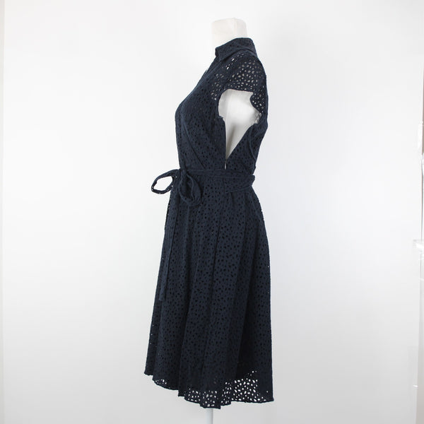 Chetta B Sz 6 Navy Blue Lined Belted Eyelet V Neck Collared 100% Cotton Dress