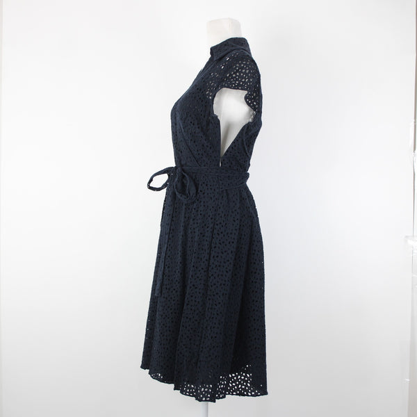 Chetta B Sz 6 Navy Blue Lined Belted Eyelet V Neck Collared 100% Cotton Dress