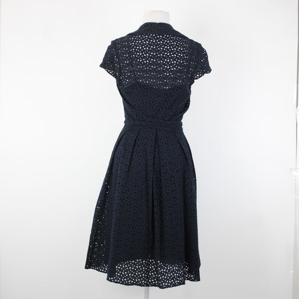 Chetta B Sz 6 Navy Blue Lined Belted Eyelet V Neck Collared 100% Cotton Dress