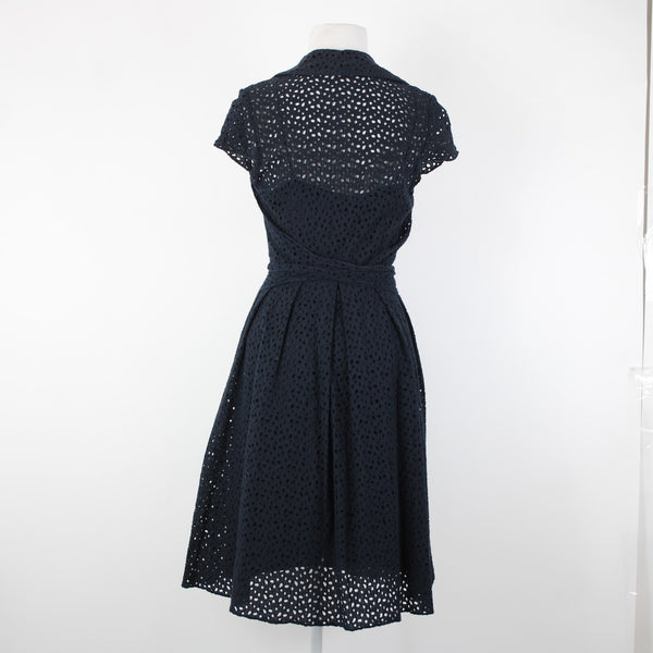 Chetta B Sz 6 Navy Blue Lined Belted Eyelet V Neck Collared 100% Cotton Dress