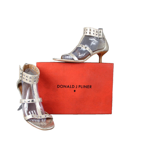 Donald J Pliner NEW Mali-V2 Sz 9 M Gold Stud Metallic Brush Off Platino 2" Heels