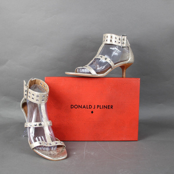 Donald J Pliner NEW Mali-V2 Sz 9 M Gold Stud Metallic Brush Off Platino 2" Heels