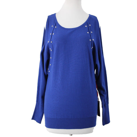 Jennifer Lopez NEW $50 Sz XS Blue Silver Studded Cold Shoulder Viscose Sweater