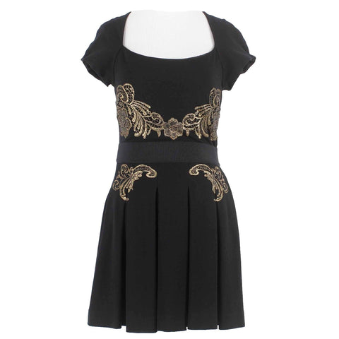 Juicy Couture Sz 2 Black Gold Applique Pleated 100% Polyester Dress