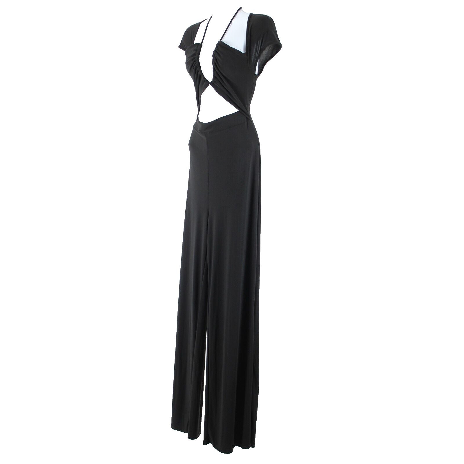 Fashion Nova NEW Leslie Sz L Black Halter Open Belly Wide Leg Poly Jumpsuit