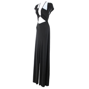 Fashion Nova NEW Leslie Sz L Black Halter Open Belly Wide Leg Poly Jumpsuit