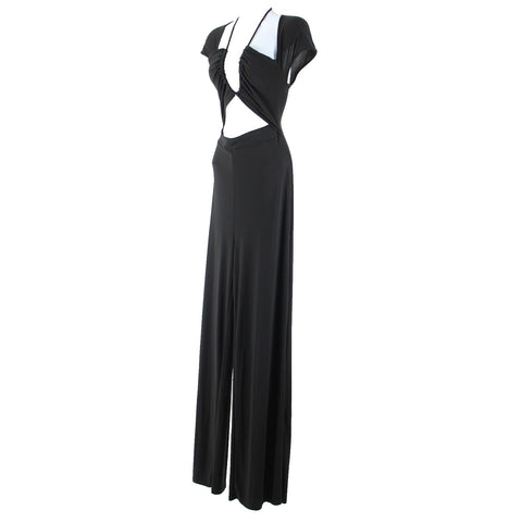 Fashion Nova NEW Leslie Sz L Black Halter Open Belly Wide Leg Poly Jumpsuit