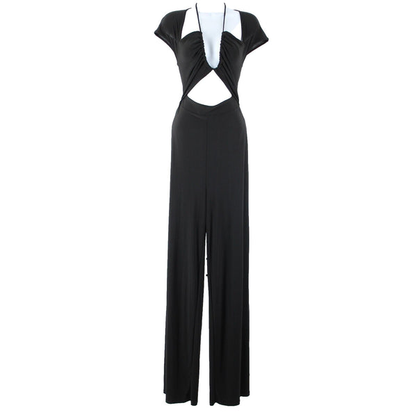 Fashion Nova NEW Leslie Sz L Black Halter Open Belly Wide Leg Poly Jumpsuit