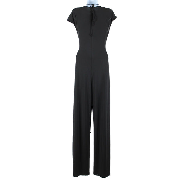 Fashion Nova NEW Leslie Sz L Black Halter Open Belly Wide Leg Poly Jumpsuit