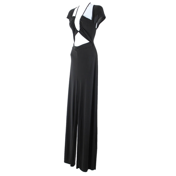 Fashion Nova NEW Leslie Sz L Black Halter Open Belly Wide Leg Poly Jumpsuit
