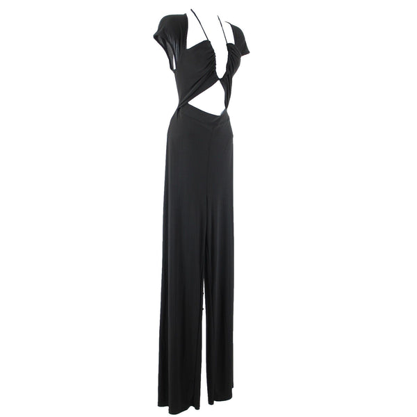 Fashion Nova NEW Leslie Sz L Black Halter Open Belly Wide Leg Poly Jumpsuit