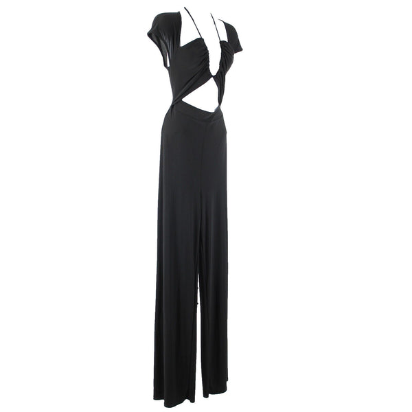 Fashion Nova NEW Leslie Sz L Black Halter Open Belly Wide Leg Poly Jumpsuit