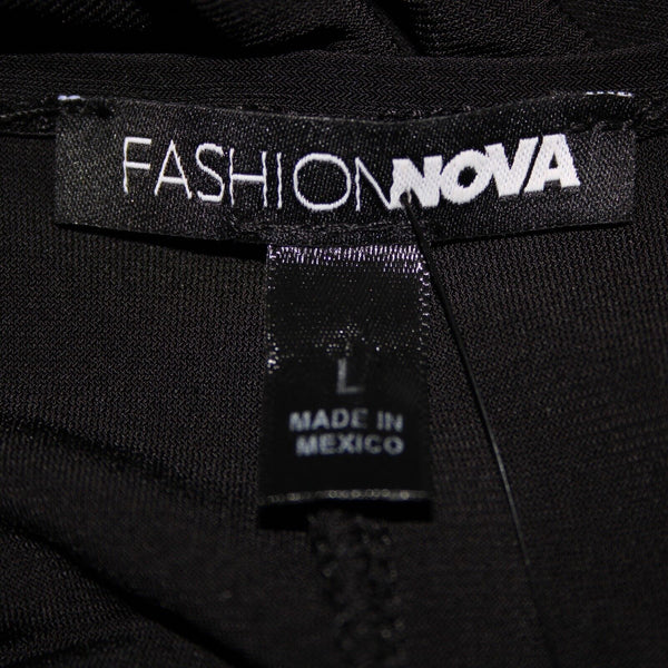 Fashion Nova NEW Leslie Sz L Black Halter Open Belly Wide Leg Poly Jumpsuit