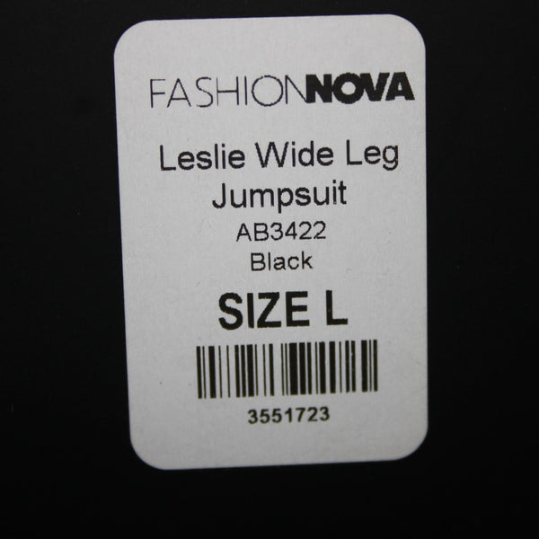 Fashion Nova NEW Leslie Sz L Black Halter Open Belly Wide Leg Poly Jumpsuit