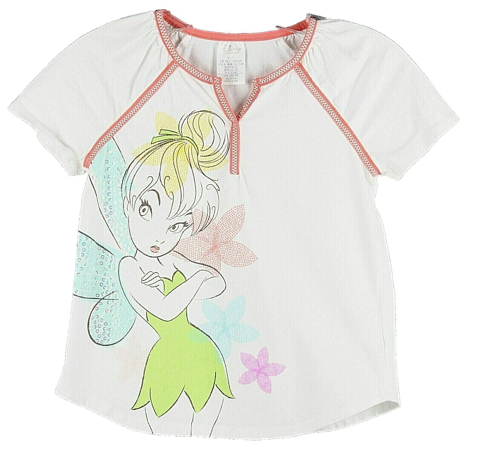 Disney Sz 9/10 Girl White Multi Sequin Glitter 'Tinkerbell' 100% Cotton Top