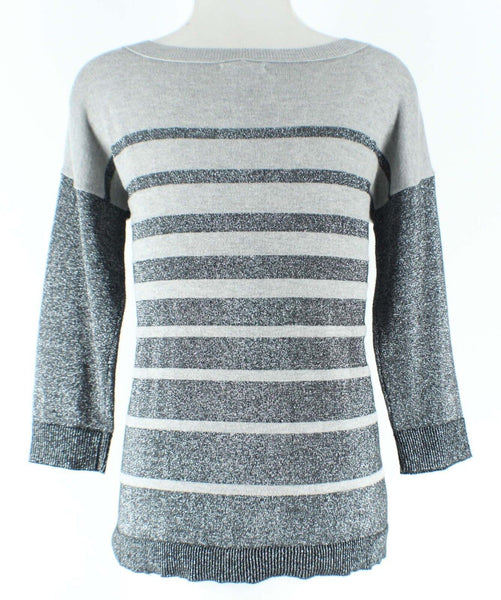 American Eagle Sz SP Gray Black Silver Metallic Stripe Cotton Poly Blend Top