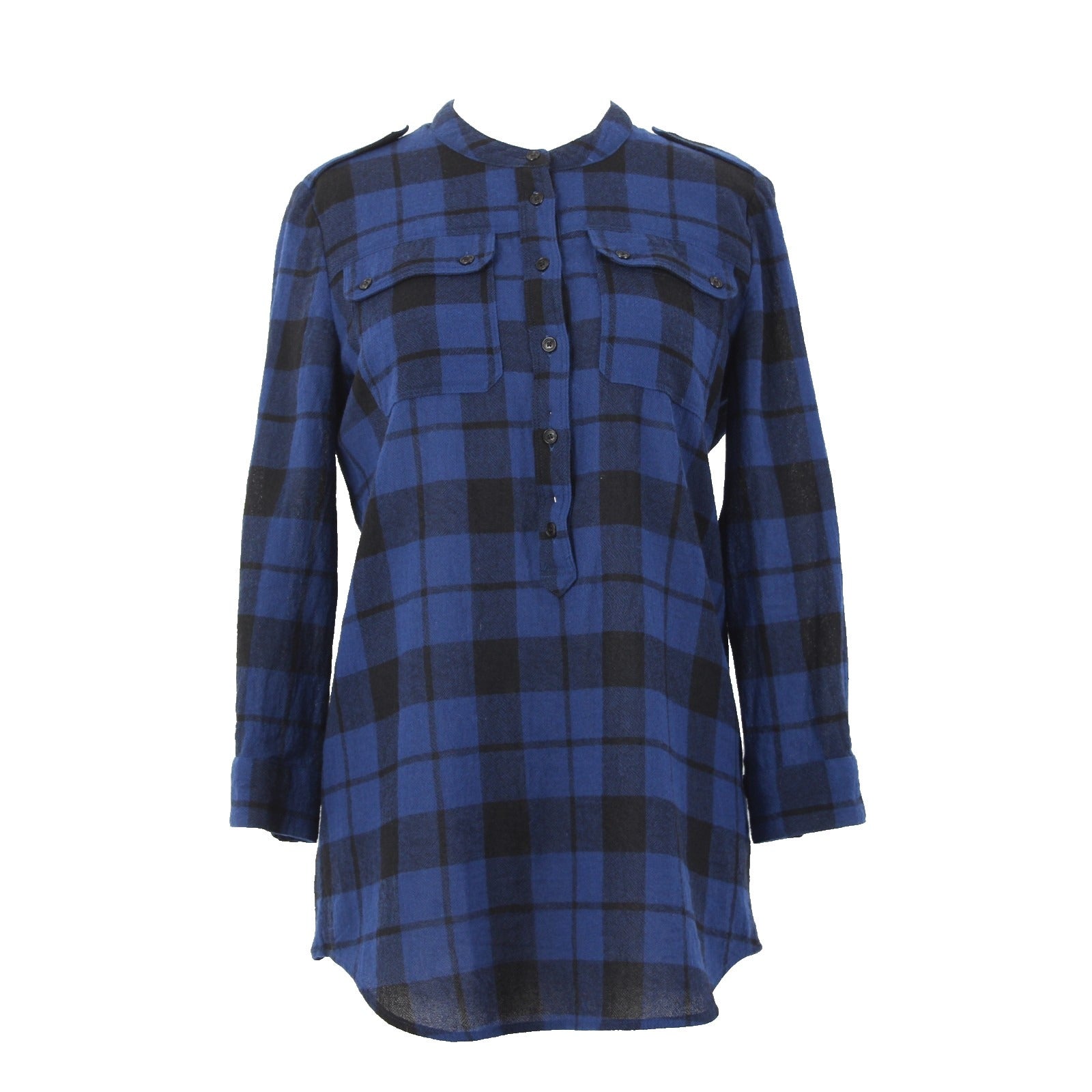Burberry Brit Top Sz P Blue Black Plaid Buttons Pockets 100% Wool Top