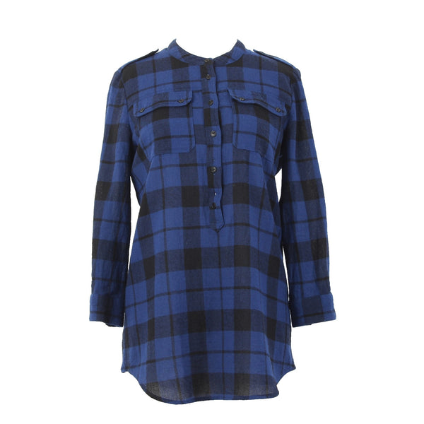 Burberry Brit Top Sz P Blue Black Plaid Buttons Pockets 100% Wool Top
