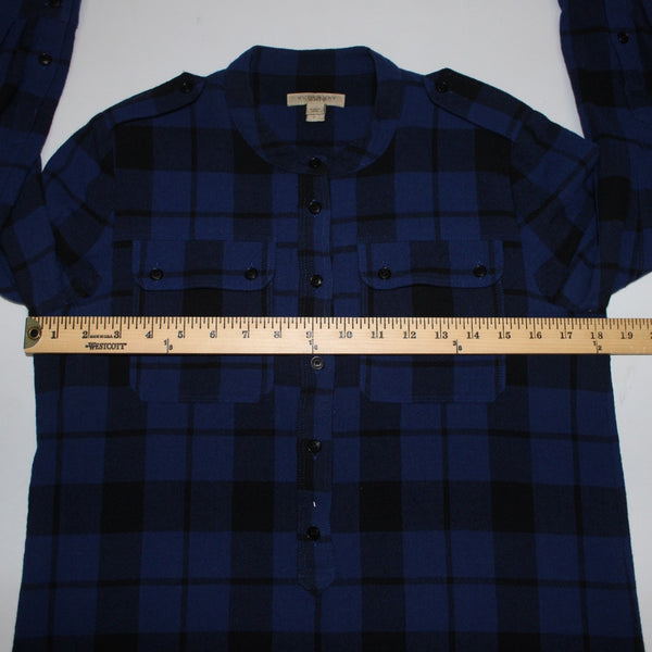 Burberry Brit Top Sz P Blue Black Plaid Buttons Pockets 100% Wool Top