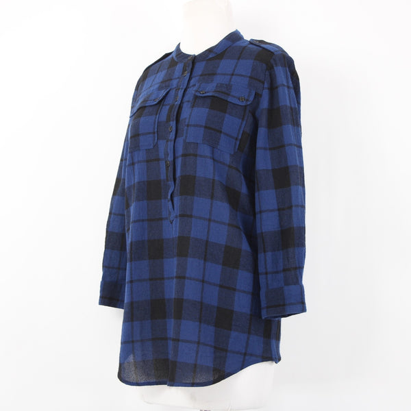 Burberry Brit Top Sz P Blue Black Plaid Buttons Pockets 100% Wool Top