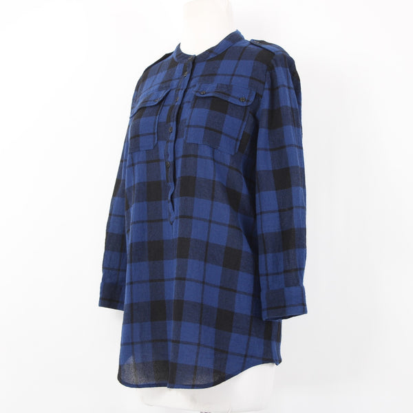 Burberry Brit Top Sz P Blue Black Plaid Buttons Pockets 100% Wool Top