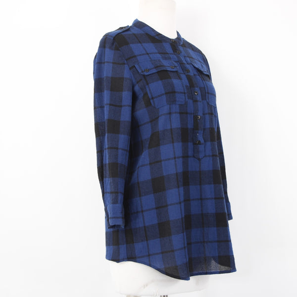 Burberry Brit Top Sz P Blue Black Plaid Buttons Pockets 100% Wool Top