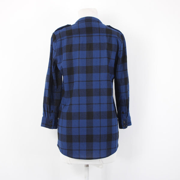 Burberry Brit Top Sz P Blue Black Plaid Buttons Pockets 100% Wool Top