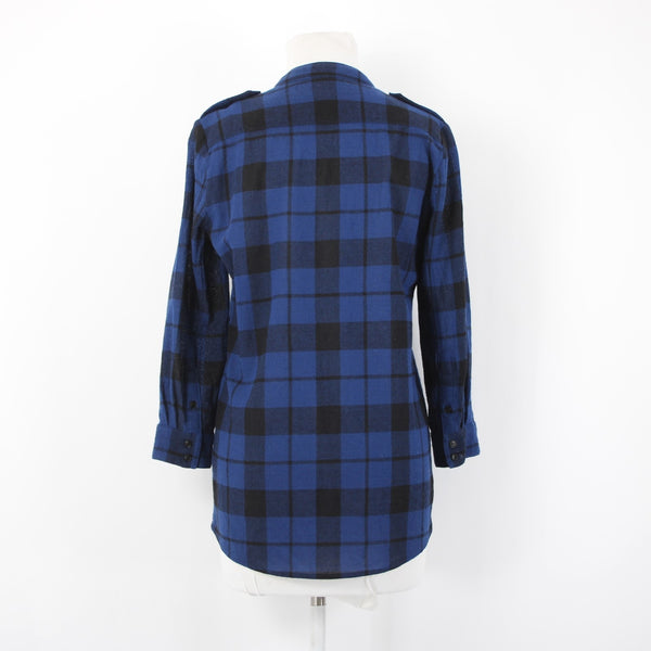 Burberry Brit Top Sz P Blue Black Plaid Buttons Pockets 100% Wool Top