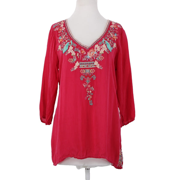 Johnny Was Top Sz L Pink Multicolor Embroidered 3/4 Slv Rayon Polyester Boho Top