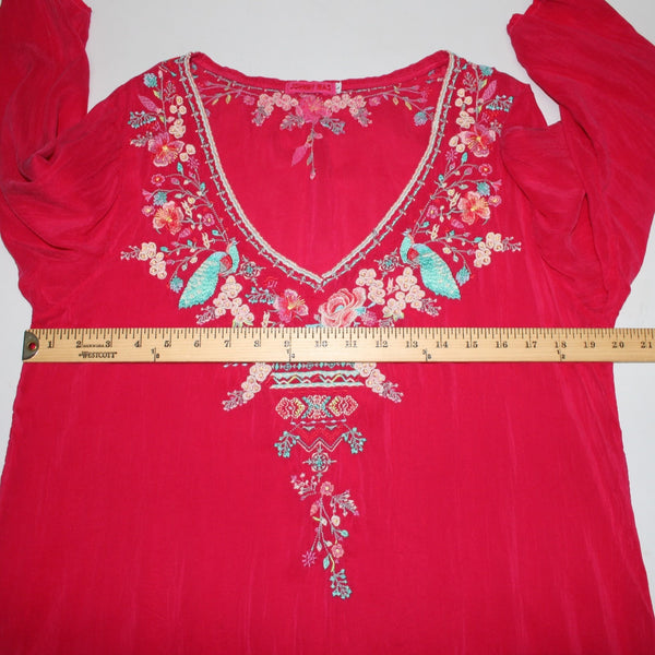 Johnny Was Top Sz L Pink Multicolor Embroidered 3/4 Slv Rayon Polyester Boho Top