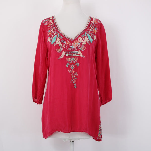 Johnny Was Top Sz L Pink Multicolor Embroidered 3/4 Slv Rayon Polyester Boho Top