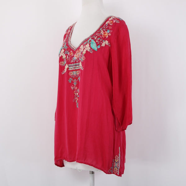 Johnny Was Top Sz L Pink Multicolor Embroidered 3/4 Slv Rayon Polyester Boho Top