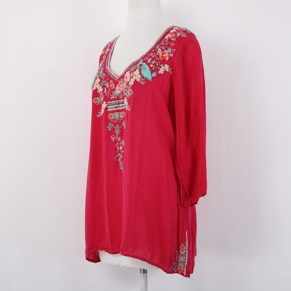 Johnny Was Top Sz L Pink Multicolor Embroidered 3/4 Slv Rayon Polyester Boho Top