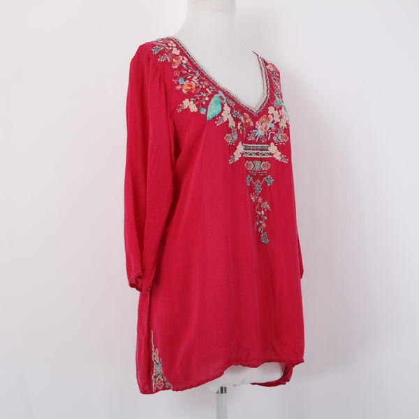 Johnny Was Top Sz L Pink Multicolor Embroidered 3/4 Slv Rayon Polyester Boho Top