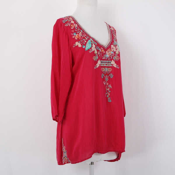 Johnny Was Top Sz L Pink Multicolor Embroidered 3/4 Slv Rayon Polyester Boho Top