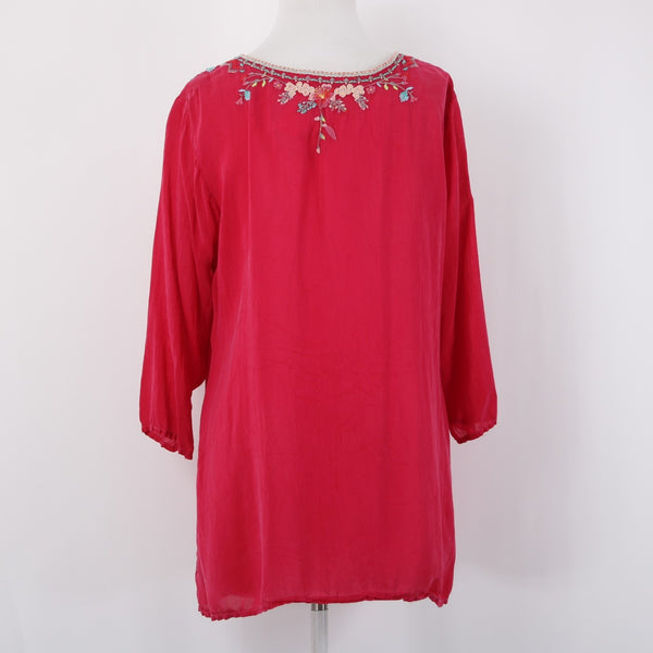 Johnny Was Top Sz L Pink Multicolor Embroidered 3/4 Slv Rayon Polyester Boho Top