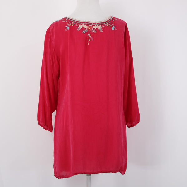 Johnny Was Top Sz L Pink Multicolor Embroidered 3/4 Slv Rayon Polyester Boho Top
