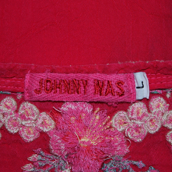 Johnny Was Top Sz L Pink Multicolor Embroidered 3/4 Slv Rayon Polyester Boho Top