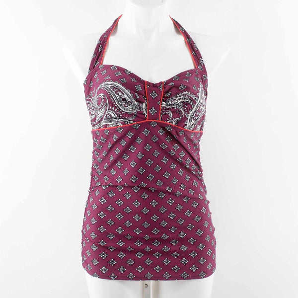 Athleta Sz 36DD Purple Multi Halter One Piece Wired Cups Nylon Blend Swim Top