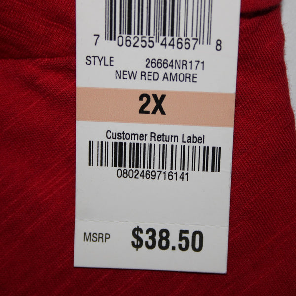 Style Co NEW $39 Core Sz 2x New Red Amore Red Short Sleeve 100% Cotton Rayon Top