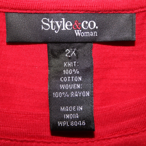 Style Co NEW $39 Core Sz 2x New Red Amore Red Short Sleeve 100% Cotton Rayon Top
